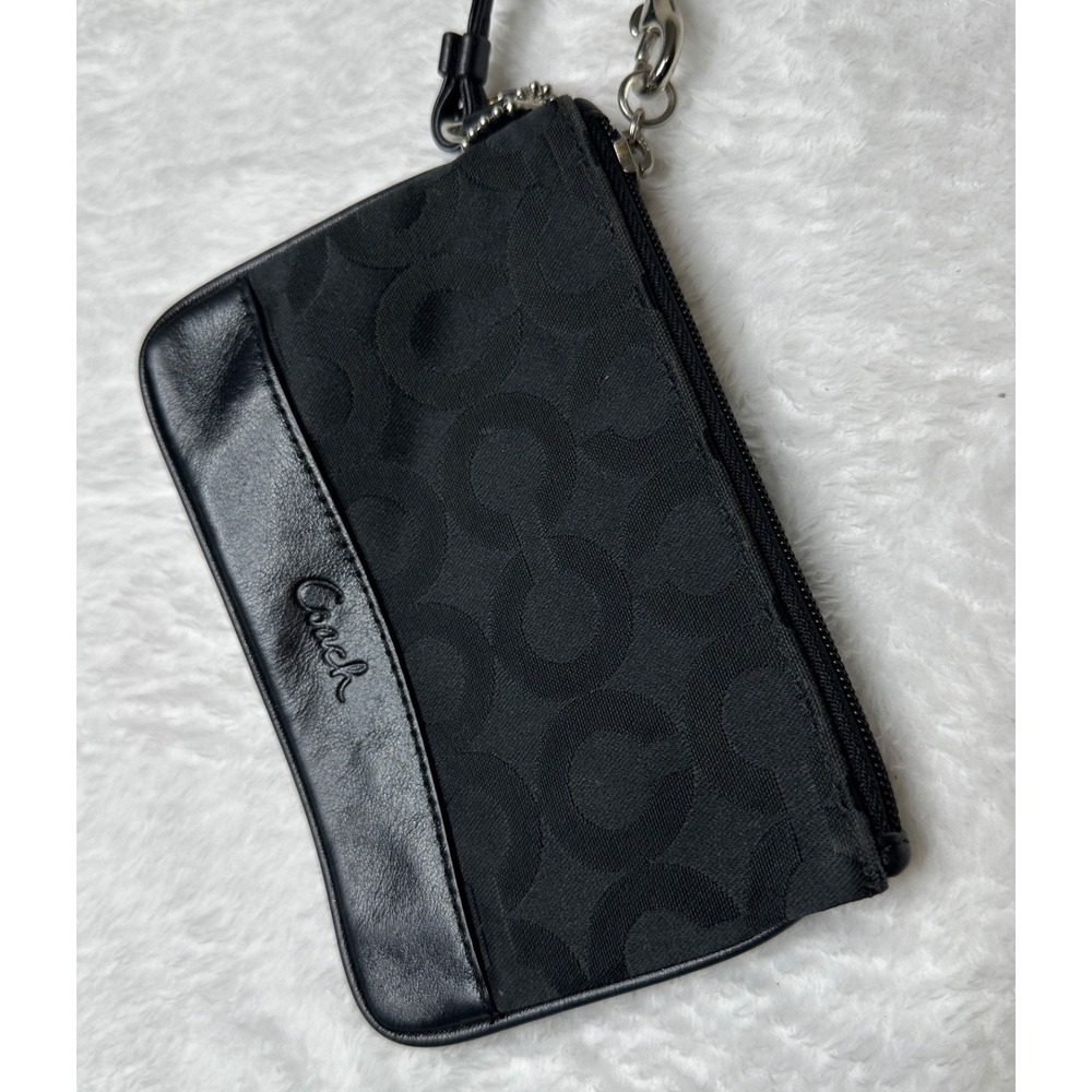 Coach Signature Jacquard Wristlet Women Black Leather Trim 0849